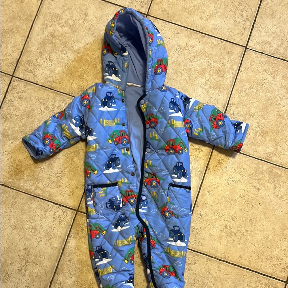 Blue Baby padded onesie 3-6m with Vehicle Print
